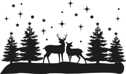 winter scene, deer, trees, night star sky - free svg file for members