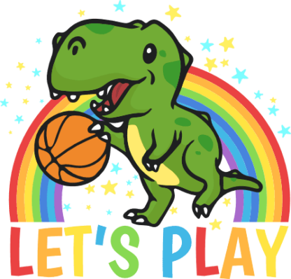 Lets play, dinosaur playing basketball clipart, rainbow design free svg file