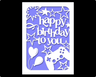 Happy birthday to you greeting card, video games player, baloons - free svg file for members