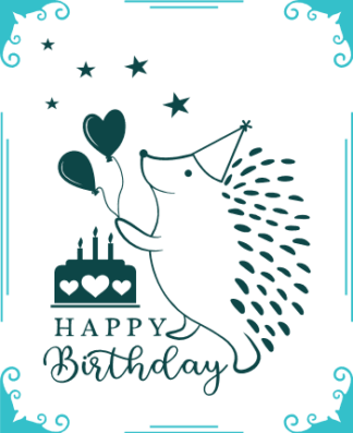 Happy birthday card, cute kids hedgehog, cake, balloons - free svg file for members