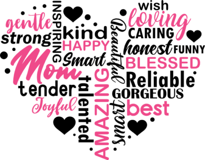 Heart made of words, Mother gift, Happy, amazing, kind, strong, gentle, smart, inspiring mom - free svg file for members