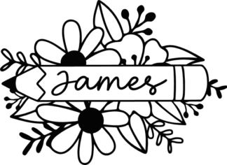 Personalized name, pencil and flowers clipart image, school book decoration - free svg file for members
