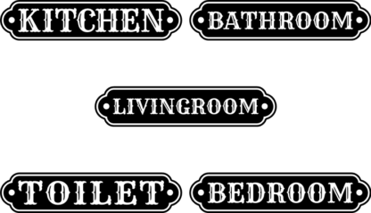 Room tags labels bundle, kitchen bathroom, Livingroom, bedroom, toilet - free svg file for members