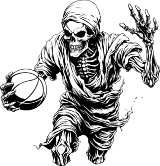 Skeleton in tattered clothes running and holding basketball ball - free svg file for members
