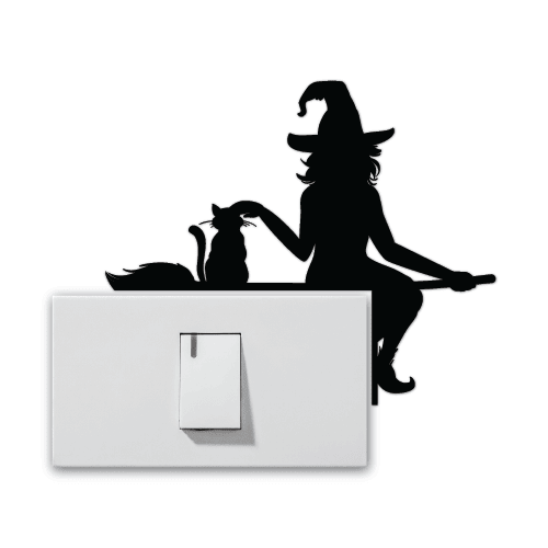 Witch and cat on broom silhouette, Halloween Light Switch Wall Stickers Decals - free svg file for members