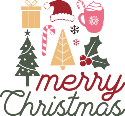 Merry Christmas sign and decorating elements, Christmas trees, candy cane, holly leaves, stickers - free svg file for members