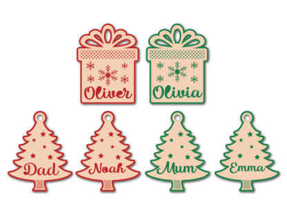 Christmas gift box and custom name trees hanging ornaments svg bundle, decor - free svg file for members