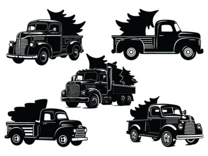 Retro truck loaded with Christmas trees vector images svg bundle, decor - free svg file for members