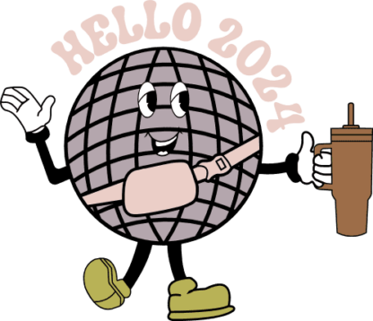 Hello 2024, disco ball emoji holding a tumbler, new year tshirt design - free svg file for members
