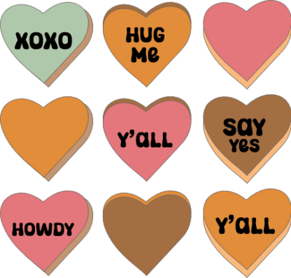 Hearts with love words, XOXO, hug me, y'all. say yes, howdy, valentine day sweatshirt design - free svg file for members