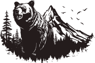 Grizzly bear and landscape woods mountains free svg file for members, camping vector image for engraving
