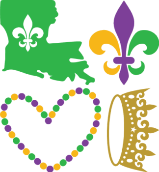 Love Mardi gras free svg file for members, Fleur de lis, Louisiana map, beads heart, crown