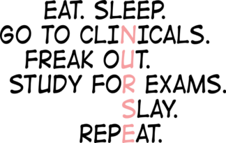 Eat, sleep, go to clinicals, freak out, study for exams free svg file for members, cup or mug design for nurse