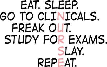 Eat, sleep, go to clinicals, freak out, study for exams free svg file for members, cup or mug design for nurse