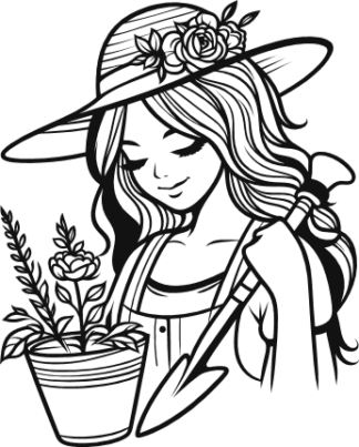 Flower pot and A gardener woman holding shovel free svg file for members, gardening vector image