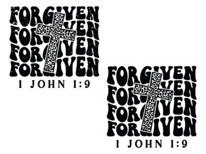 Forgiven, echo stacked text , 1 John 1:9 free svg file for members, leopard skin cross, Christians tee design