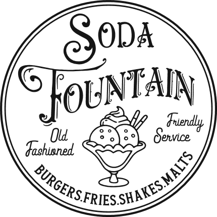 Soda fountain, old fashioned, friendly service, burgers, shakes free svg file for members, Soda Shop Sign