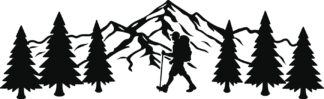 Trees, Hiking man and mountains behind free svg file for members, trekking clipart image, decorative element