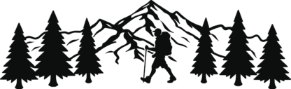 Trees, Hiking man and mountains behind free svg file for members, trekking clipart image, decorative element
