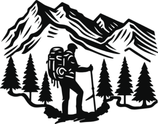 Hiking man, trees and mountains free svg file for members, camping vector image