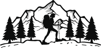 Trekking woman, trees, mountains behind free svg file for members, Hiking vector image
