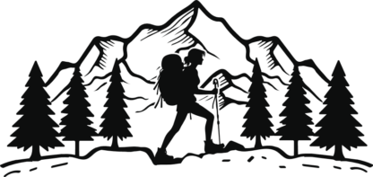 Trekking woman, trees, mountains behind free svg file for members, Hiking vector image