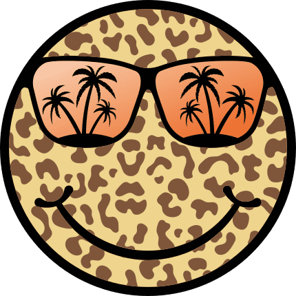 Leopard print smiley emoji with palm trees sunglasses free svg file for members, beach day tshirt design