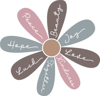 Flower with positive words on the petal, peace, beauty, joy, love, kindness, together, luck, hope free svg file for members