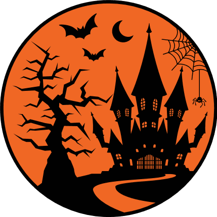 Haunted House and creepy tree Free SVG File for Members - Spooky Clipart Image, Halloween Round sign