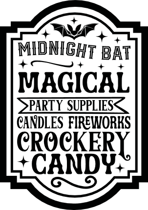 Halloween wall sign free svg file for members - Midnight bat, magical party supplies, candles fireworks, crockery candy
