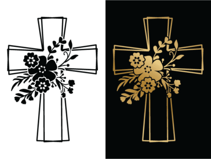 Floral Christian cross Free SVG File for Members - Golden PNG for sublimation, religious clipart image