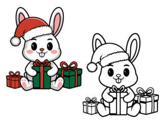 Christmas Bunny Holding Gift box Free SVG File for Members - Cute rabbit with santa hat clipart image