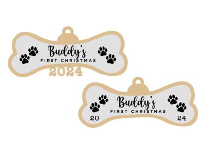 Dog's First Christmas 2024 Free SVG File for Members - Personalized name Dog Bone ornament design