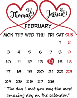 February Calendar with Couple Names Free SVG File for Members - Personalized Valentine Design