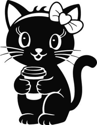 Cat with Bow, Holding Coffee Cup Free SVG File for Members - Cute kitty clipart image