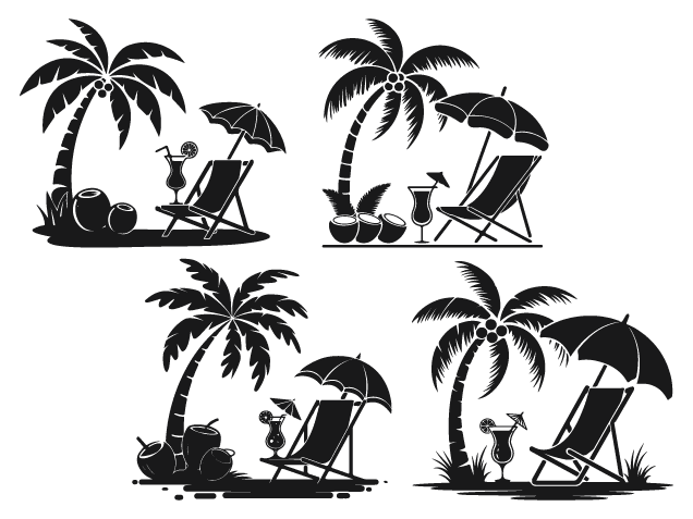 Beach Scene, Palm Tree, Cocktail, Umbrella, and Chair Free SVG File Bundle for Members