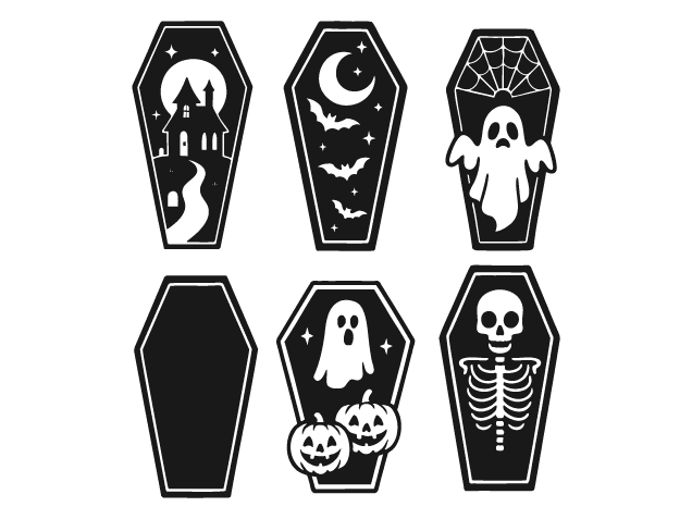 Coffin with ghost, skull, haunted house, bat Free SVG File Bundle for Members – Halloween sticker