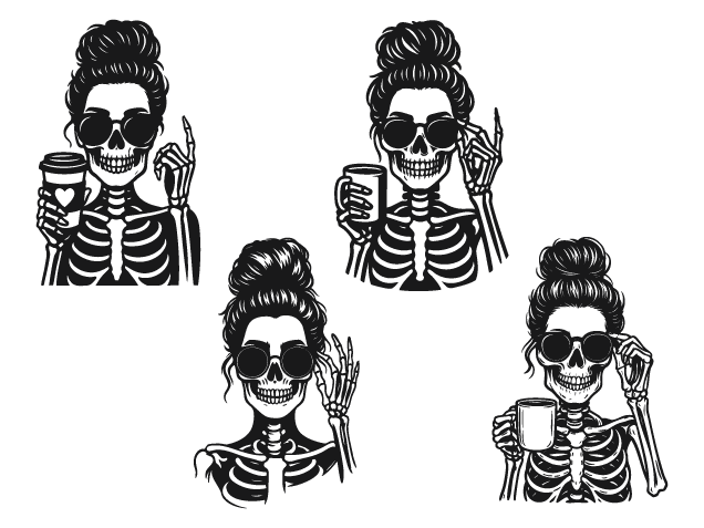 Skeleton with Messy Bun, sunglasses and coffee Free SVG File Bundle for Members – sticker