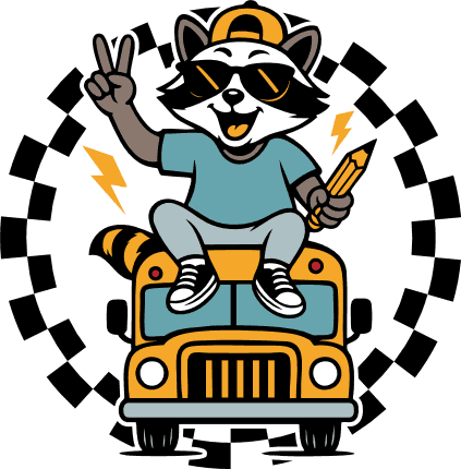 Raccoon mascot sitting on school bus Free SVG File for Members – Back to School sticker