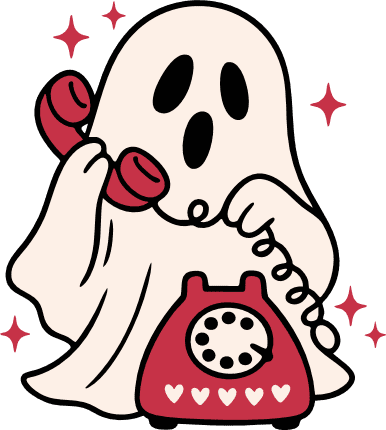 Cute ghost talking on a vintage telephone Free SVG File for Members – Funny Halloween sticker