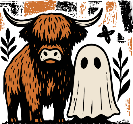 Cute Highland cow with Spooky Ghost Free SVG File for Members – Halloween wall sticker