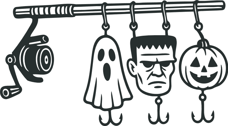 Ghost, Frankenstein, and Pumpkin Hanging on Fishing Rod Free SVG File for Members – Halloween Fishing