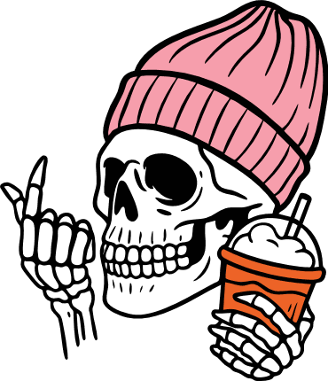 Skull with beanie, coffee cup and finger heart sign Free SVG File for Members – Cute Halloween svg