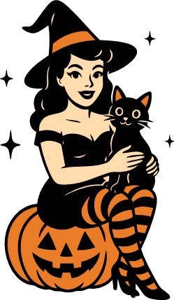 Sassy witch holding a cat, sitting on a pumpkin Free SVG File for Members – halloween wall sticker