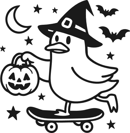 Skateboarding Goose with witch hat and pumpkin lantern Free SVG File for Members – Halloween sticker