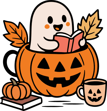 Cute Ghost Reading a book, in a pumpkin mug Free SVG File for Members – halloween sticker