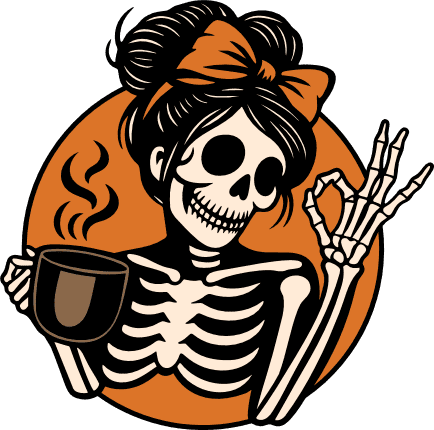Messy Bun Skeleton with Coffee Free SVG File for Members – spooky coffee lover sticker