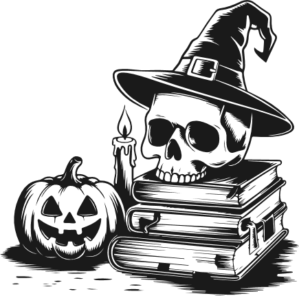 Skull with witch hat, pumpkin, candle, books Free SVG File for Members – halloween wall sticker
