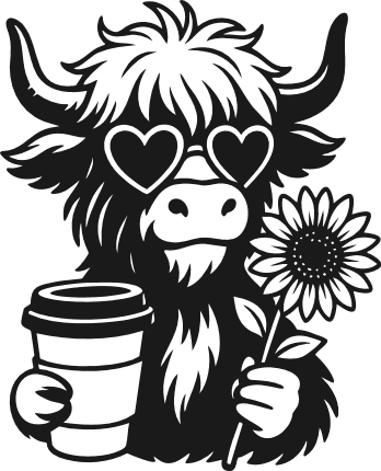 Highland Cow with heart glasses, flower and a coffee cup Free SVG File for Members – wall sticker