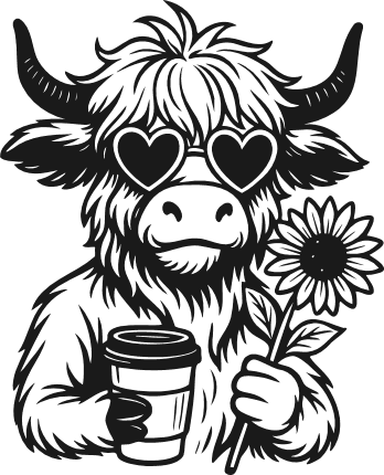 Highland Cow with heart glasses, coffee and sunflower Free SVG File for Members – wall sticker